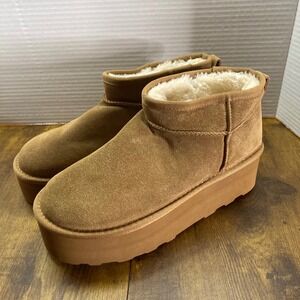 Womens Tan Suede Platform Wedge‎ Ankle Boots Cozy Lined Size 8M